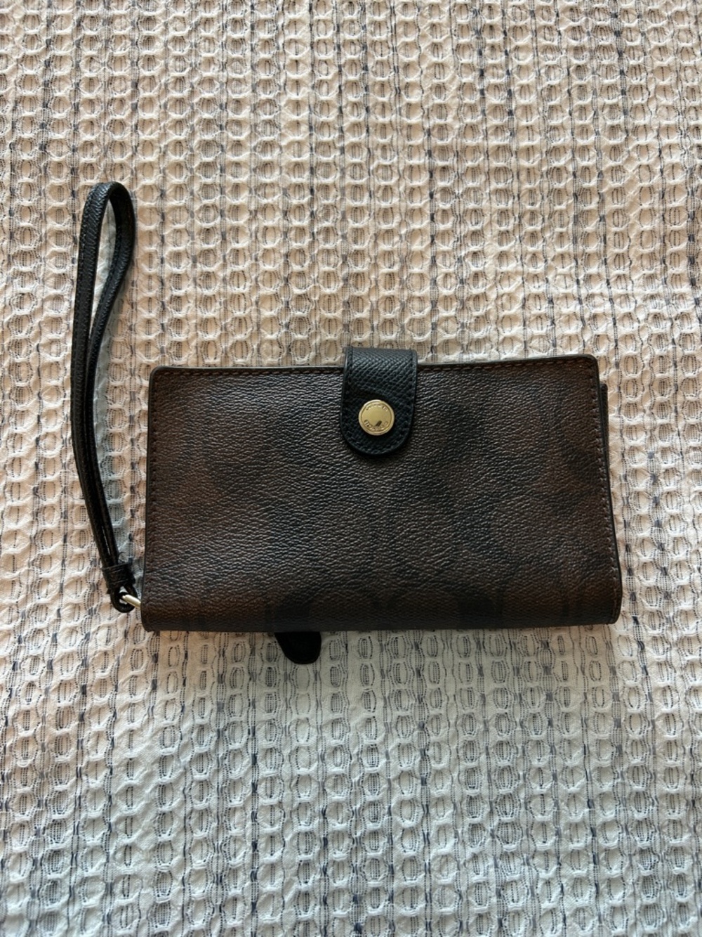 Coach Brown Leather Wristlet Wallet with Black Strap